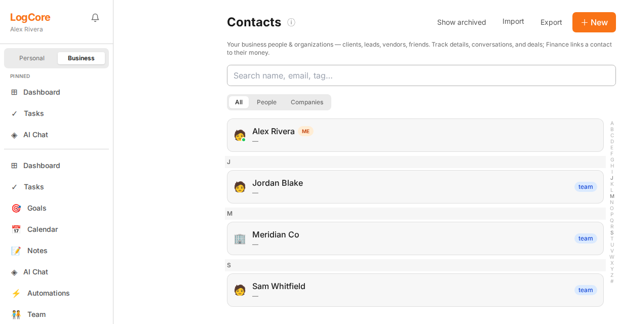 LogCore OS Contacts CRM showing business contacts tagged to the team workspace