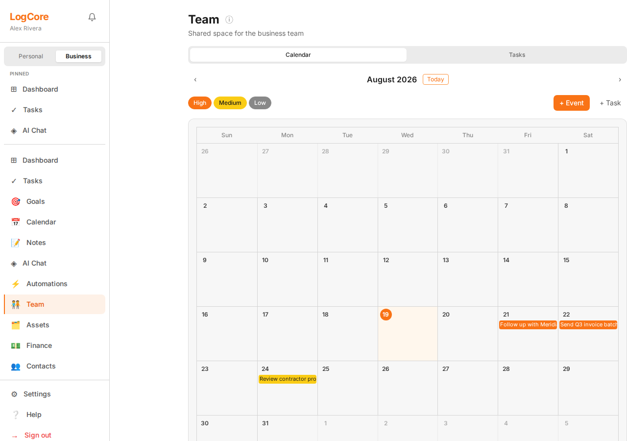 LogCore OS Team hub showing a shared business calendar with team tasks like following up with a lead and sending an invoice batch