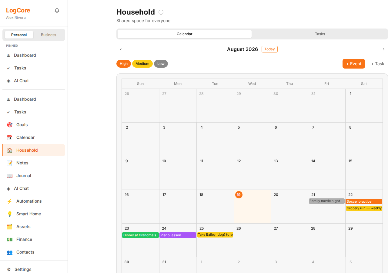 LogCore OS Household hub showing a shared family calendar with soccer practice, dinner at grandma's, piano lesson, and a vet appointment