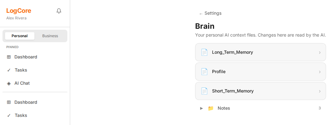 LogCore OS Brain file browser showing Long_Term_Memory, Profile, Short_Term_Memory, and a Notes folder as plain Markdown/JSON files